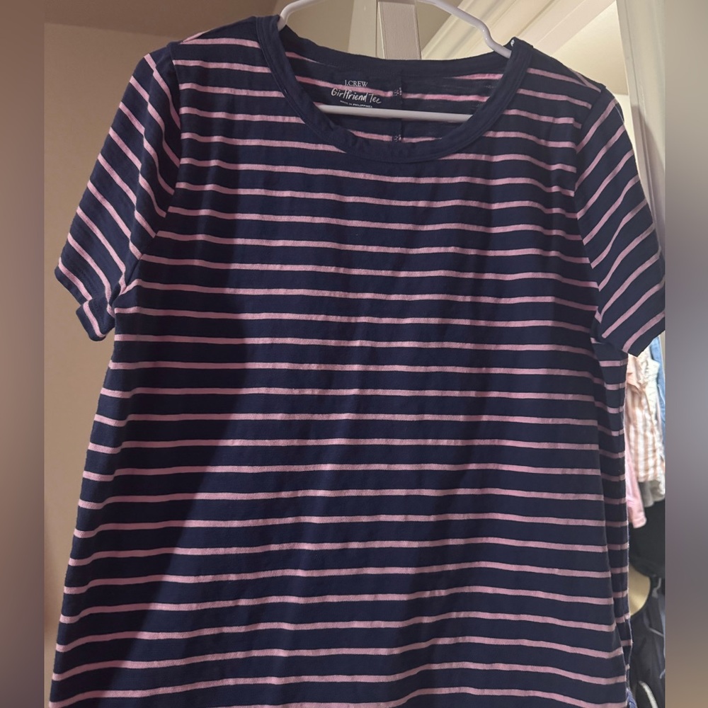 J. Crew Navy and Pink Striped Girlfriend Tee